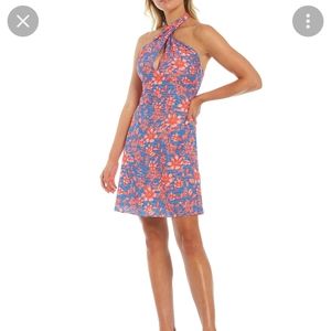 NWT Belle Badgley Mischka Delilah Stripe and Floral Print Halter Neck Dress